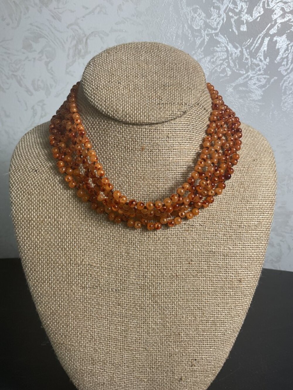 Amber Cognac Colored Multi Strand Beaded Statement Necklace Boho Bib Choker